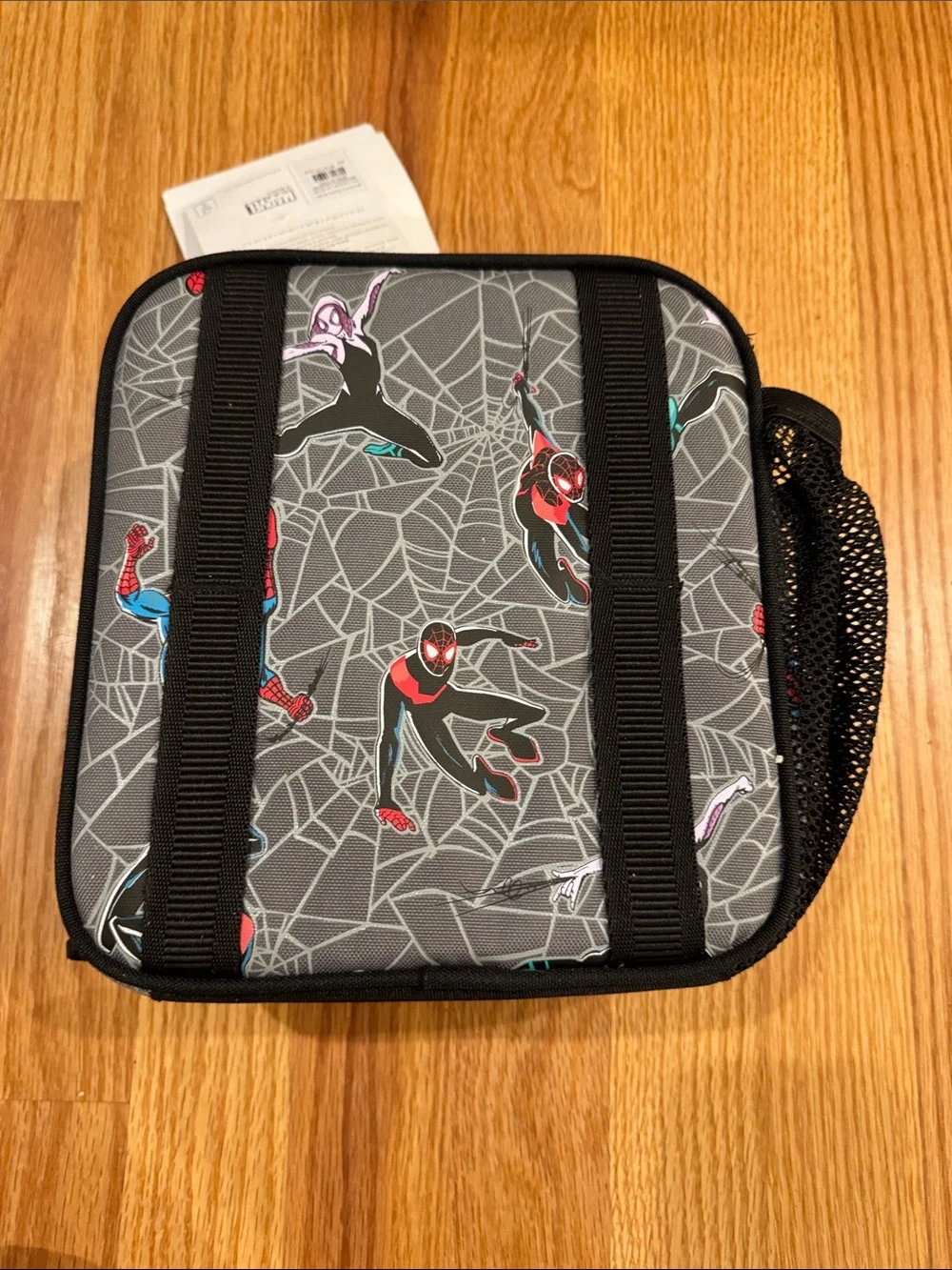 Pottery Barn Kids Gray Spider-Web Lunch Bag with Red Name